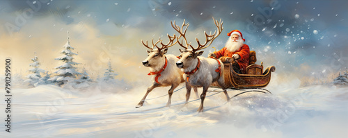 Santa Claus in snow land try flying on sleigh with reindeer. © Alena
