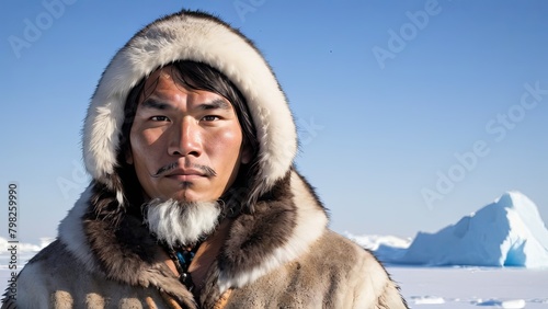 Steadfast Inuit Man in Traditional Attire Overlooking the Ice Floes