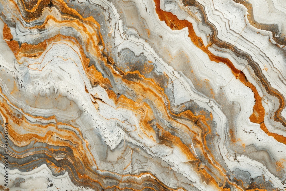 Detailed close up of a marble surface with vibrant orange streaks. Ideal for backgrounds or texture designs
