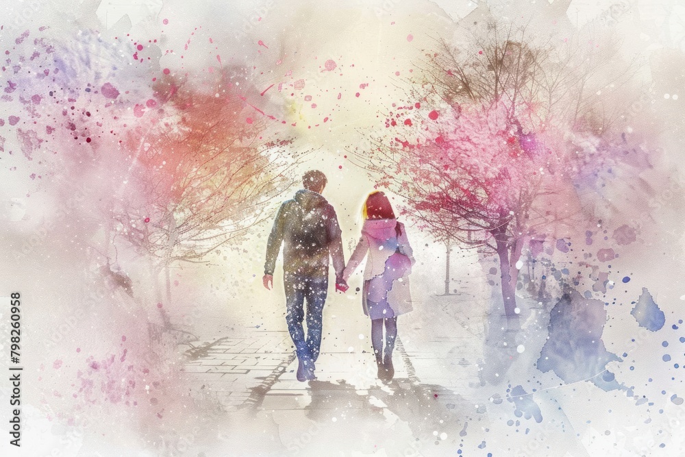 A man and woman hold hands as they walk down a snowy path. The scene is painted in muted pinks and purples.