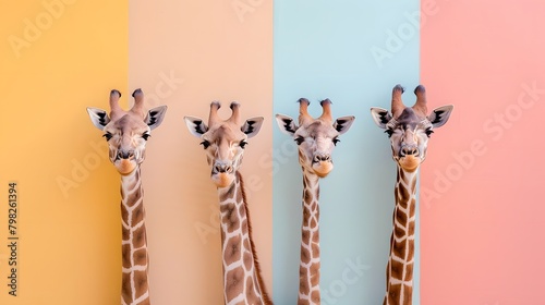 A group giraffee peaking from the wall of pastel background