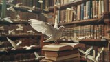 The concept of education, knowledge and birds flying into the future in the opening of old books in libraries that have a stack of textbooks that store messages