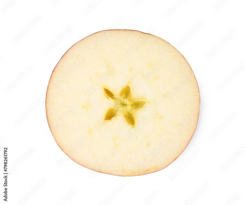 Slice of ripe red apple isolated on white, top view