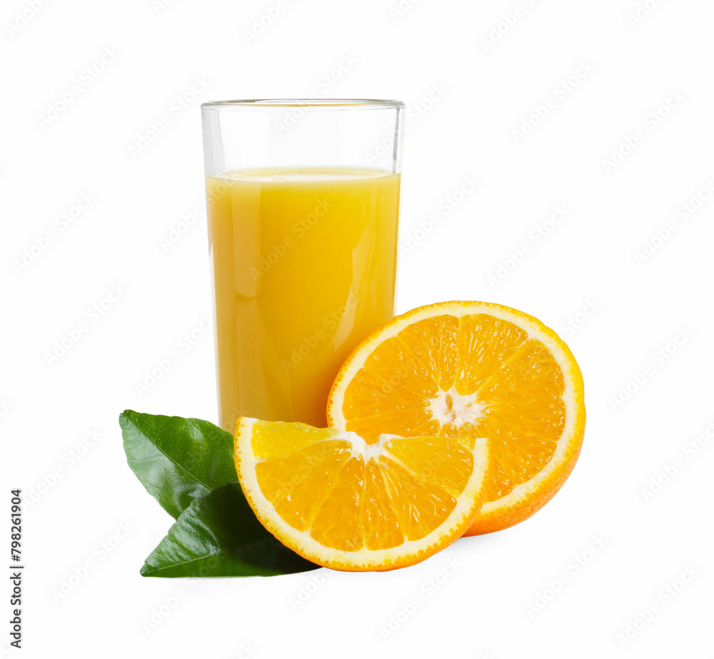 Refreshing orange juice in glass, leaves and fruits isolated on white Refreshing orange juice in glass, leaves and fruits isolated on white