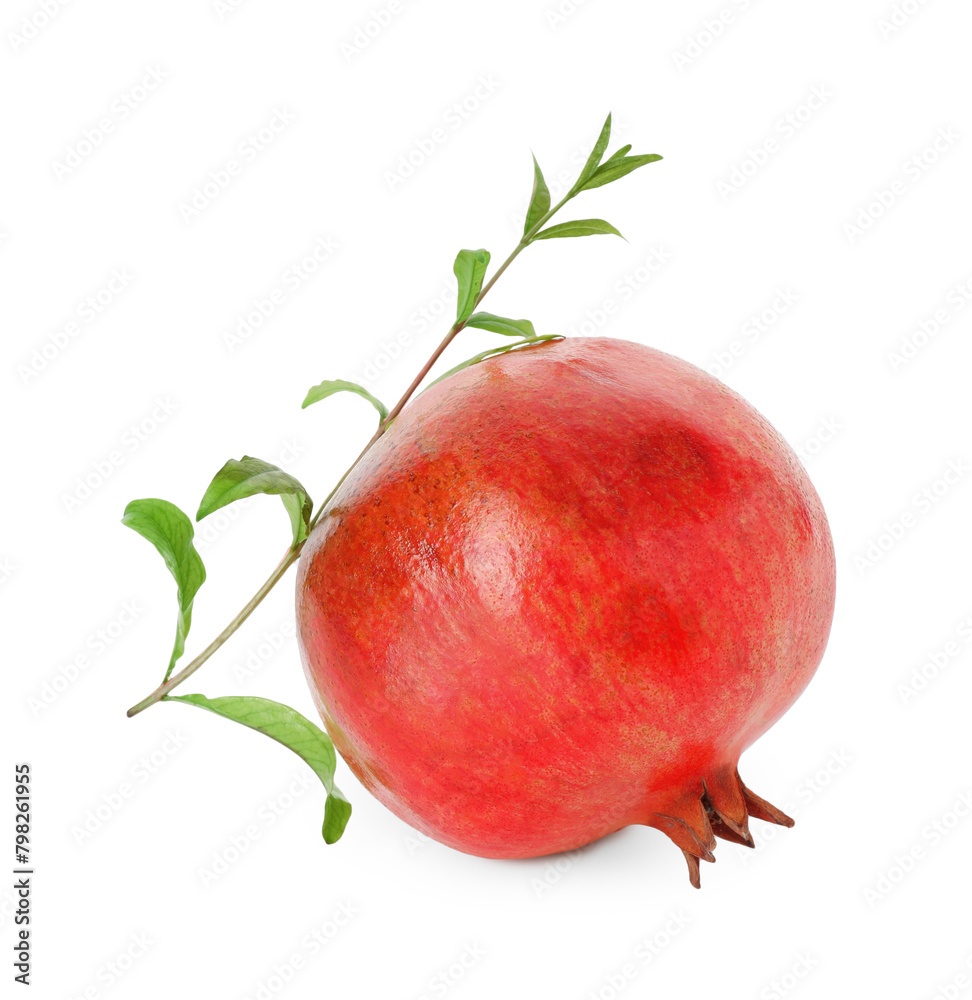 Fresh ripe pomegranate and green leaves isolated on white Fresh ripe pomegranate and green leaves isolated on white