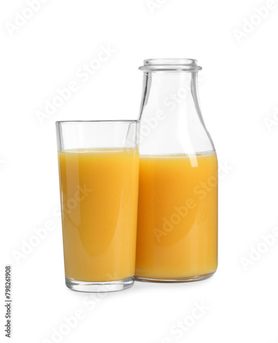 Refreshing orange juice in glass and bottle isolated on white