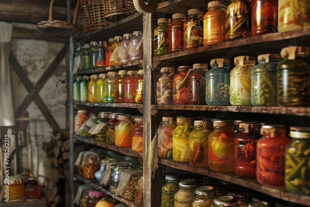 A pantry with wooden shelves filled with colorful jars of pickled vegetables and fruits.