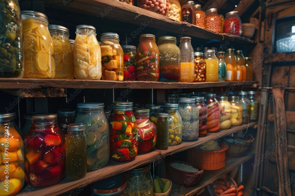 A pantry filled with shelves of canned goods, pickles, and other preserved food.