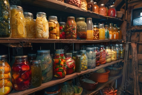 A pantry filled with shelves of canned goods, pickles, and other preserved food.