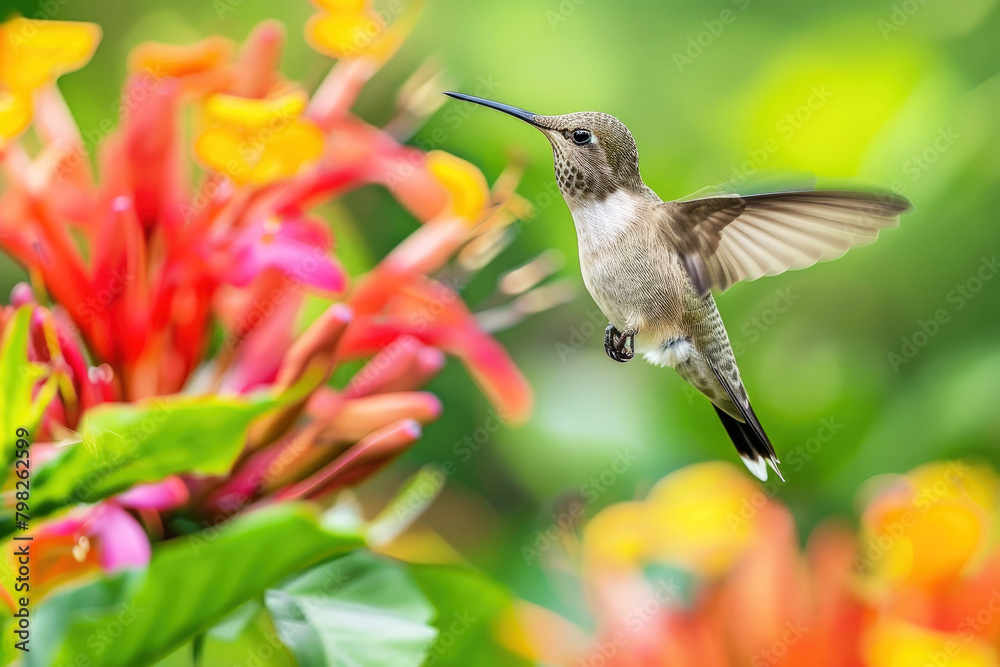 Obraz premium Birds of tropics in Central and South America and the Caribbean countries. Witness the elegance of a hovering hummingbird amidst a colorful flower, set against a softly blurred backdrop.