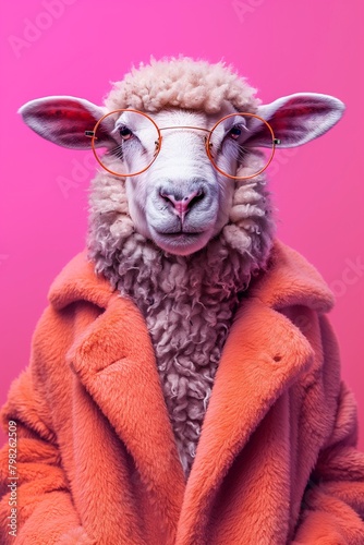 A sheep models with hipster glasses against vibrant backgrounds, creating a quirky and humorous visual statement