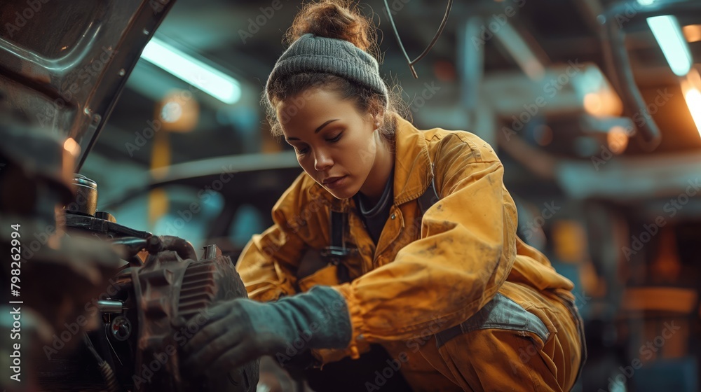Young female auto mechanic working in auto repair shop. Female auto mechanic repairing a car.