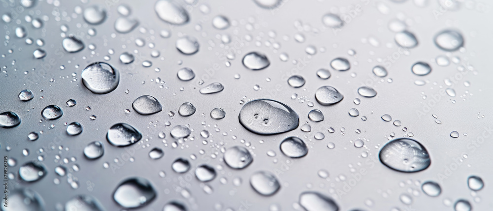 Fresh water drops on white glass, pattern of rain droplets for background. Concept of wet, texture, splash, surface, dew