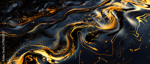 Black oil texture background, wide banner with waves of dark water and gold shine, abstract luxury liquid effect. Concept of paint pattern, sunshine, watercolor, swirl