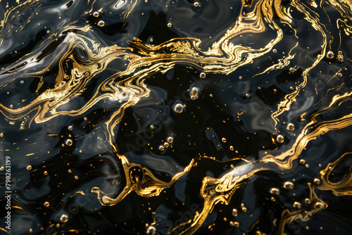 Black liquid texture background, dark waves of oil and gold shine, abstract luxury marble effect. Concept of paint pattern, surface, sunshine, watercolor, swirl