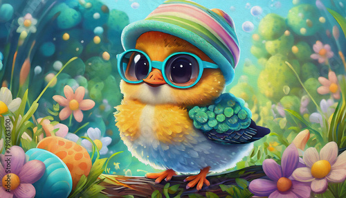 oil painting style CARTOON CHARACTER CUTE BABY cute young fluffy Easter chick baby with cap and sunglasses,