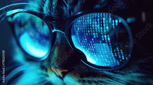 Hacker cat works at computer in dark room, digital data reflected in glasses. Concept of spy, ransomware, technology, hack, funny animal, cyber security, scam, crime