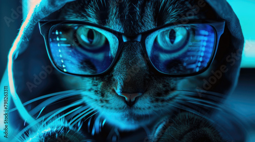 Hacker cat uses computer in dark room, digital data reflected in glasses. Concept of spy, work, technology, hack, funny animal, cyber security, scam, crime