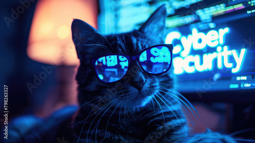Hacker cat uses computer in dark room, text cyber security on screen, digital data reflected in glasses. Concept of spy, network, technology, hack, funny animal, scam, crime