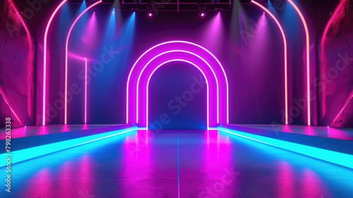 Neon stage background, empty room with blue, red and purple light, interior of dark modern hall. Concept of hallway, technology, studio, concert, show