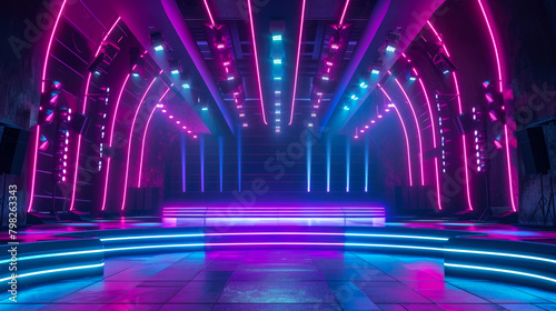 Neon stage background, empty room with blue and purple light, futuristic interior of dark modern hall. Concept of hallway, studio, concert, show