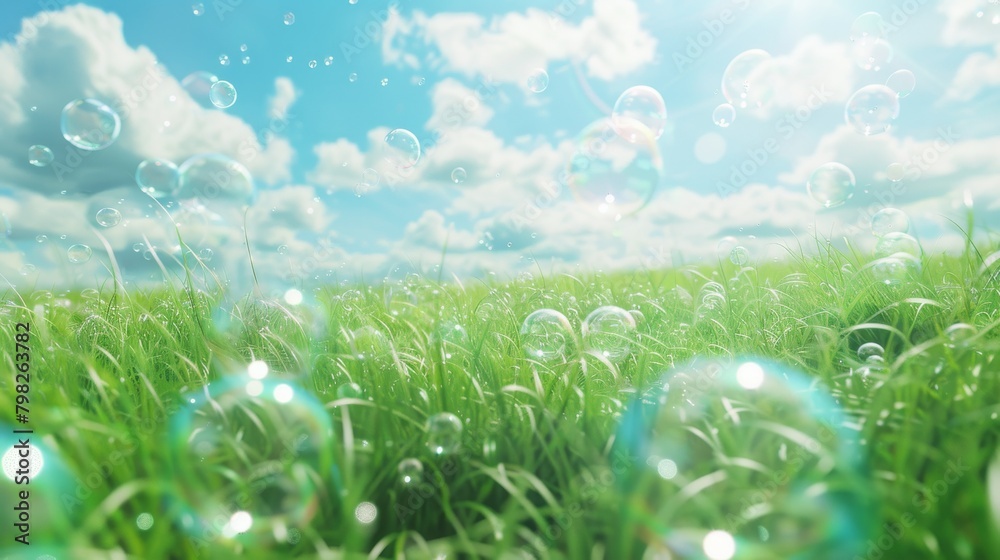 Sparkling soap bubbles floating over vibrant green grass under sunny blue sky Sparkling soap bubbles floating over vibrant green grass under sunny blue sky