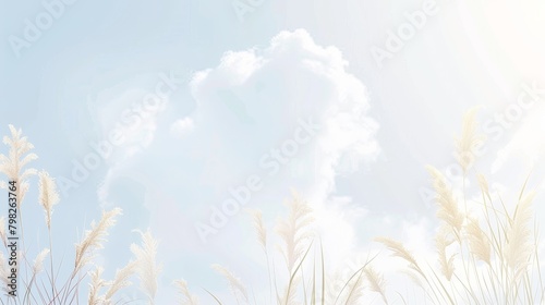 Serene pastel sky with fluffy clouds and tall golden grass