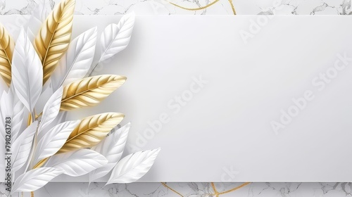 Elegant white and gold marble background with abstract golden leaves photo