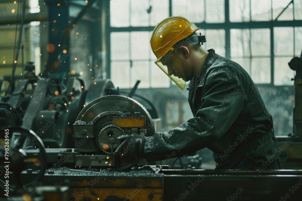 A man in a hard hat operating a machine. Suitable for industrial and construction concepts A man in a hard hat operating a machine. Suitable for industrial and construction concepts