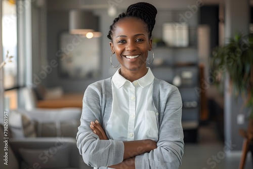 Confident Black Woman in Office Room with Modern Decor

