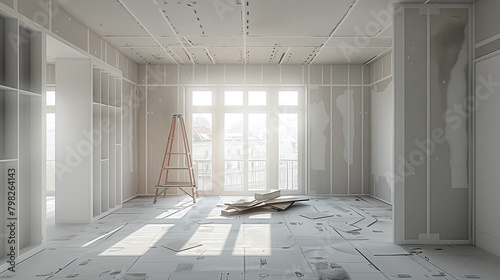 a room in renovation in modern apartment for relocation with flattened drywall walls, work in progress photo