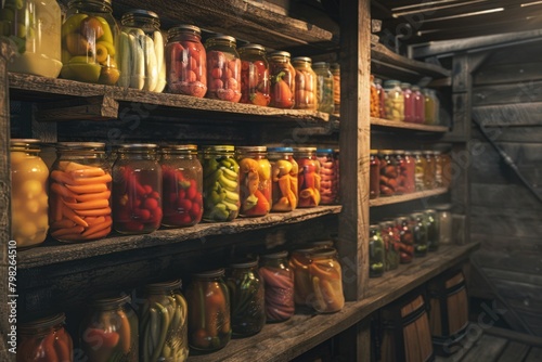 A wooden shelf filled with jars of pickled vegetables and fruits.