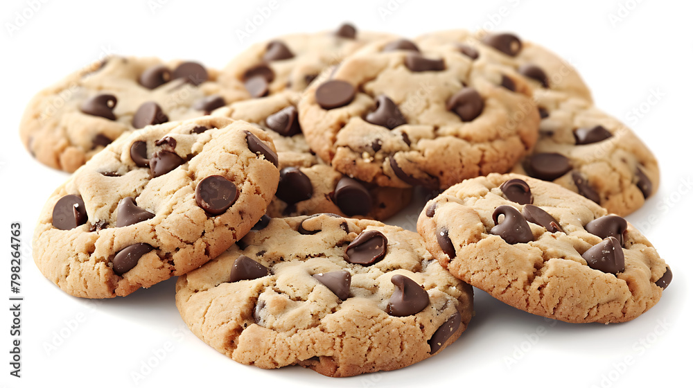 The cookies are round, flat, and baked to a golden-brown perfection. Each cookie is generously studded with dark chocolate chips, The cookies are round, flat, and baked to a golden-brown perfection. Each cookie is generously studded with dark chocolate chips,