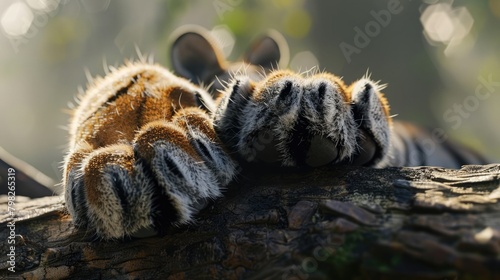 A close-up of a tiger s paw resting on a fallen tree trunk  highlighting the strength and agility of these apex predators on International Tiger Day.