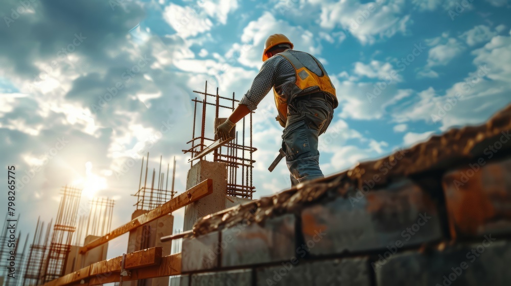 Masonry details, industrial brick mason, bricklayer working on building exterior walls at construction site. worker's day. labor day
