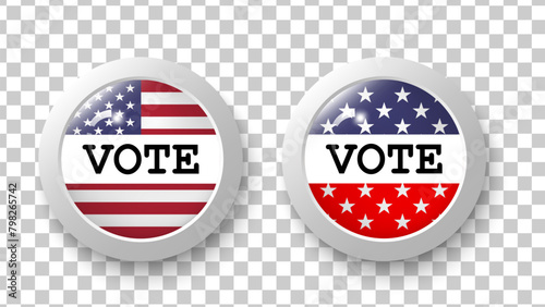 button circle 2024 elections ping or badge with us american flag. US, USA, american election, voting sign. 2024 presidential election. Responsible voting badge or pin. Vector illustration