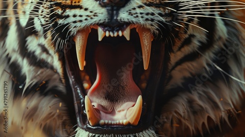 A close-up of a tiger's powerful jaws and teeth, showcasing the strength and ferocity of these apex predators on International Tiger Day. photo