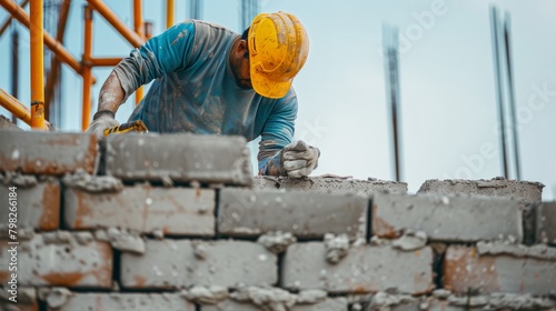 Masonry details, industrial brick mason, bricklayer working on building exterior walls at construction site. worker's day. labor day