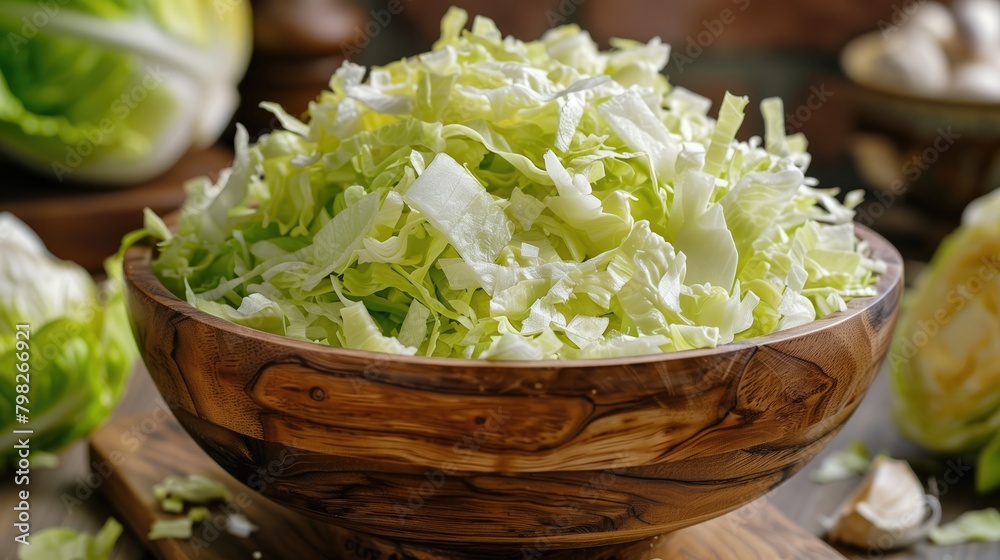 Shredded iceberg lettuce in a wooden bowl. Shredded iceberg lettuce in a wooden bowl.