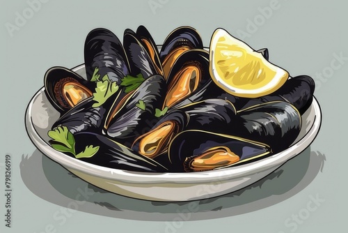 A bowl of delicious mussels with zesty lemon and fresh parsley. Perfect for seafood lovers or restaurant menus