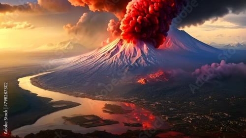 Volcanic eruption in the city of Kamchatka at sunset, Karimskiy volcano, Volcanic eruption in Kamchatka, ash flow, and destruction photo