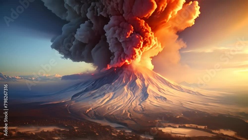 Volcanic eruption on the Kamchatka Peninsula, Russia, Karimskiy volcano, Volcanic eruption in Kamchatka, ash flow, and destruction photo