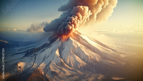 Volcanic eruption in Kamchatka Peninsula. View from helicopter, Karimskiy volcano, Volcanic eruption in Kamchatka, ash flow, and destruction photo