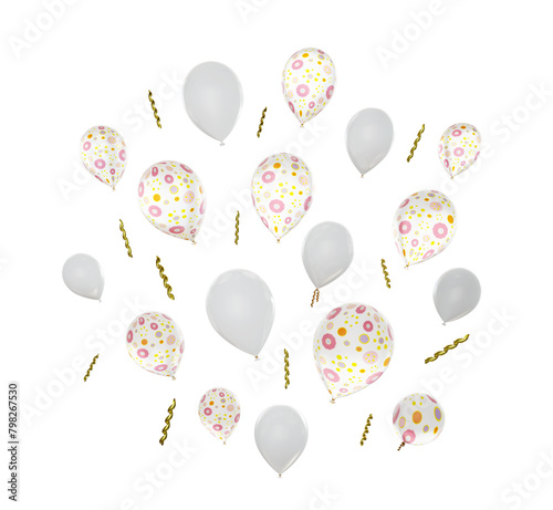 several flying white flower balloons isolated on white, 3d rendered