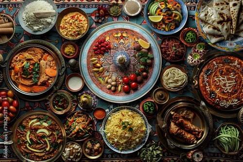 Against a backdrop of intricately patterned tablecloths  a spread of Arabic dishes dazzles the senses  their rich aromas and vibrant colors captured in stunning HD detail
