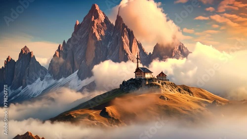 Beautiful alpine landscape with church in the mountains at sunrise, Mountains in fog with a beautiful house and church at night in autumn, Landscape with high rocks, a blue sky with photo