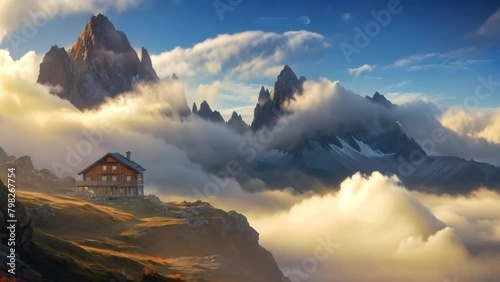 Fantastic panoramic view of the majestic Dolomites. Location place Cortina dAmpezzo, Veneto, Italy, Europe. Artistic style post processed photo. Beauty world, Mountains in fog photo