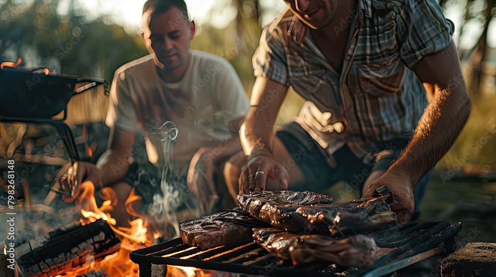 Fototapeta premium men grill meat outdoors. selective focus