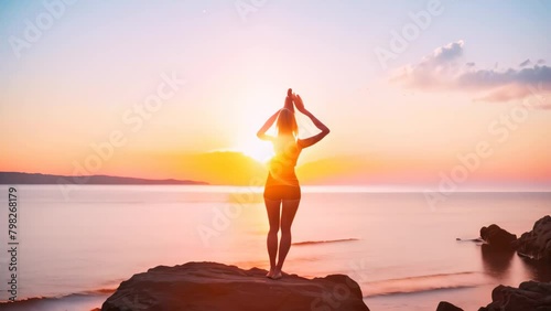 Woman Standing on Rock in Front of Water, A young woman practicing yoga in the Natarajasana position, rear side view, faces not revealed, with no deformation photo