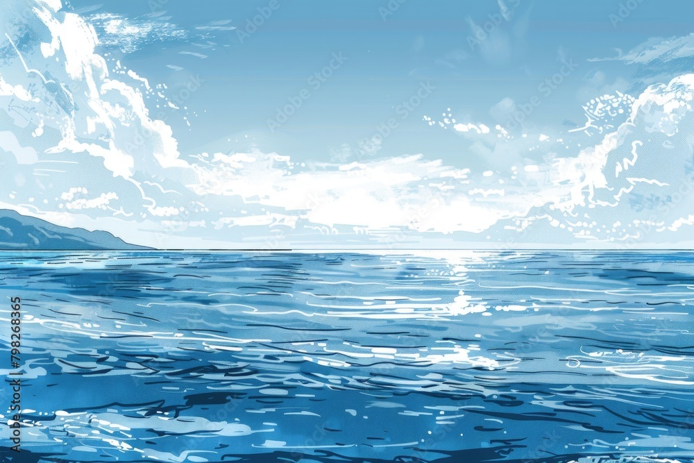 A serene painting of a blue ocean with a majestic mountain in the background. Suitable for travel and nature themes